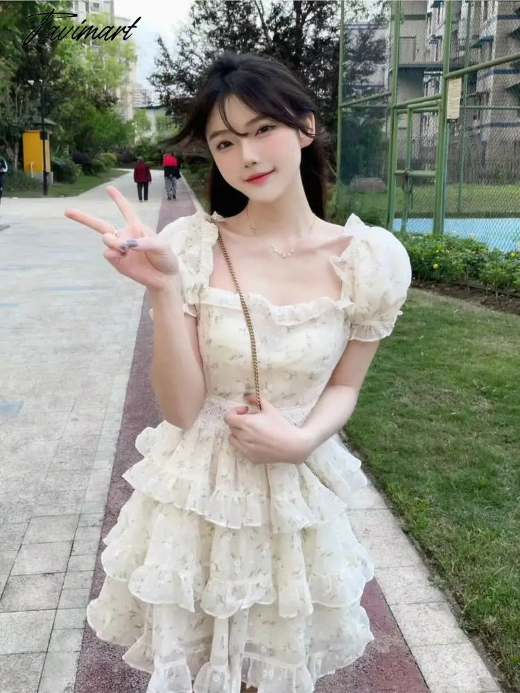 Puff Sleeve Causal Sweet Dress Women Ruffles French Vintage Party Mini Dress Female Holiday Bow Cute Korean Fashion Dress