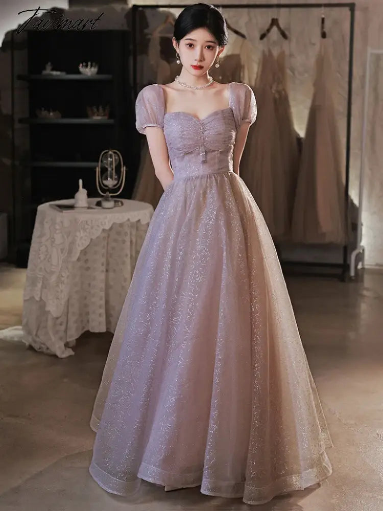 Purple Bridesmiad Dress Short Puff Sleeve Square Collar Pleated Elegant Glitter A-Line Tulle Princess Formal Party Evening Gowns