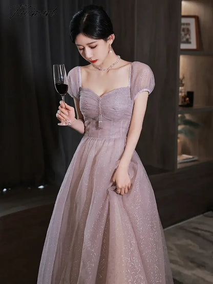 Purple Bridesmiad Dress Short Puff Sleeve Square Collar Pleated Elegant Glitter A-Line Tulle Princess Formal Party Evening Gowns