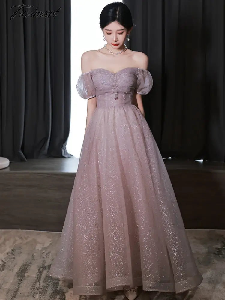 Purple Bridesmiad Dress Short Puff Sleeve Square Collar Pleated Elegant Glitter A-Line Tulle Princess Formal Party Evening Gowns