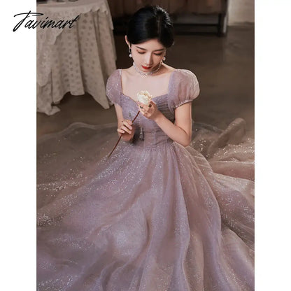 Purple Bridesmiad Dress Short Puff Sleeve Square Collar Pleated Elegant Glitter A-Line Tulle Princess Formal Party Evening Gowns