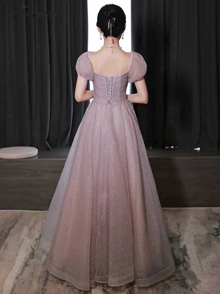 Purple Bridesmiad Dress Short Puff Sleeve Square Collar Pleated Elegant Glitter A-Line Tulle Princess Formal Party Evening Gowns