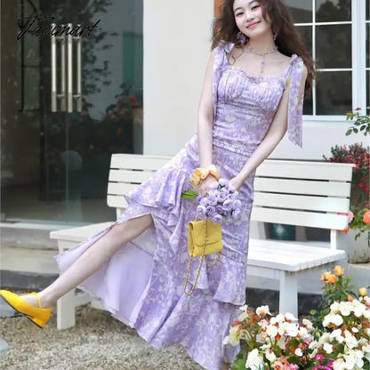 Purple Floral Strap Dress Tea Break Special-Interest Design Temperament Long