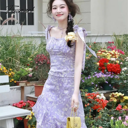 Purple Floral Strap Dress Tea Break Special-Interest Design Temperament Long