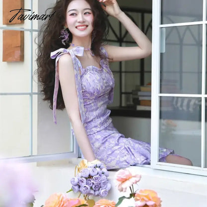 Purple Floral Strap Dress Tea Break Special-Interest Design Temperament Long