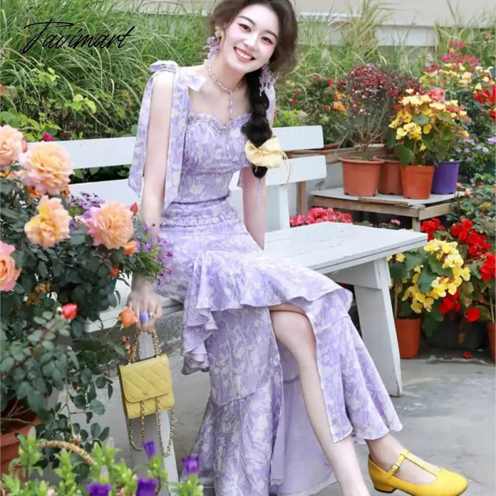 Purple Floral Strap Dress Tea Break Special-Interest Design Temperament Long