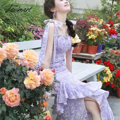 Purple Floral Strap Dress Tea Break Special-Interest Design Temperament Long