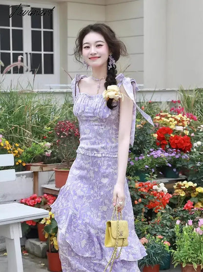 Purple Floral Strap Dress Tea Break Special-Interest Design Temperament Long