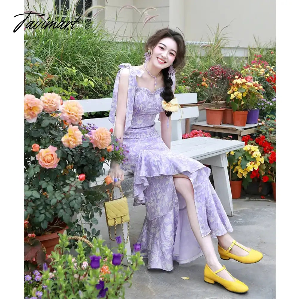 Purple Floral Strap Dress Tea Break Special-Interest Design Temperament Long