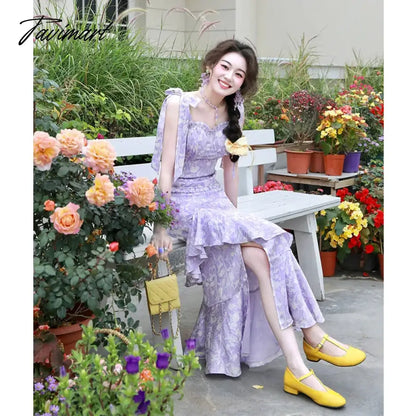 Purple Floral Strap Dress Tea Break Special-Interest Design Temperament Long