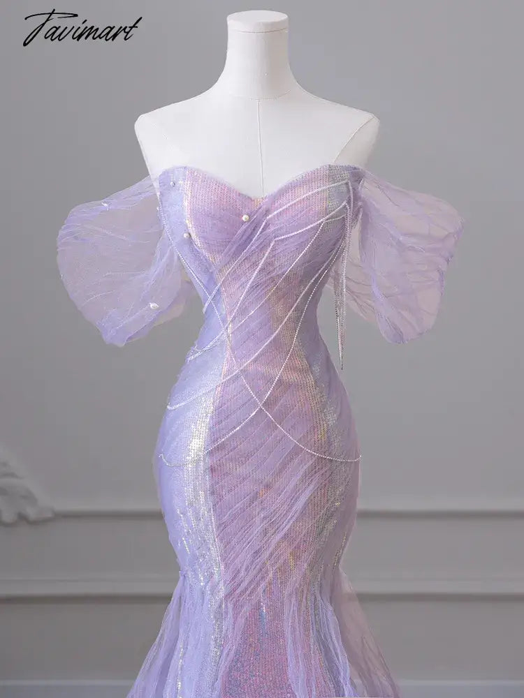 Purple Laser Sequin Beaded Mermaid Women Evening Dress with Puff Sleeves Tassel Pearls Tulle Train Prom Gown