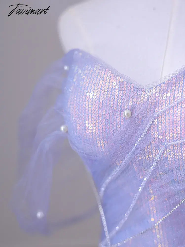 Purple Laser Sequin Beaded Mermaid Women Evening Dress with Puff Sleeves Tassel Pearls Tulle Train Prom Gown