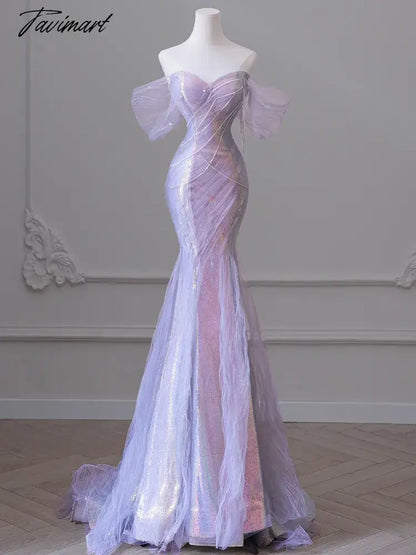 Purple Laser Sequin Beaded Mermaid Women Evening Dress with Puff Sleeves Tassel Pearls Tulle Train Prom Gown