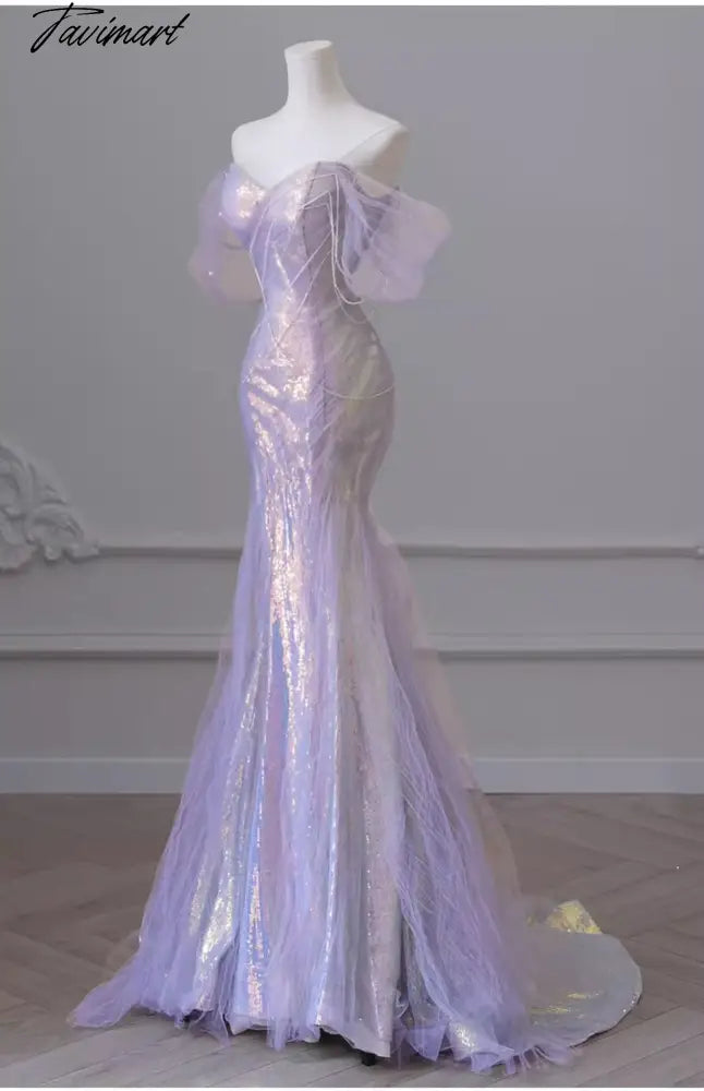 Purple Laser Sequin Beaded Mermaid Women Evening Dress with Puff Sleeves Tassel Pearls Tulle Train Prom Gown