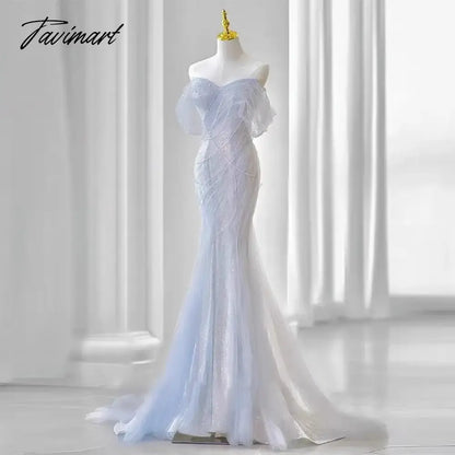 Purple Laser Sequin Beaded Mermaid Women Evening Dress with Puff Sleeves Tassel Pearls Tulle Train Prom Gown