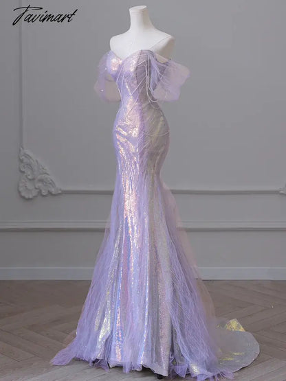 Purple Laser Sequin Beaded Mermaid Women Evening Dress with Puff Sleeves Tassel Pearls Tulle Train Prom Gown