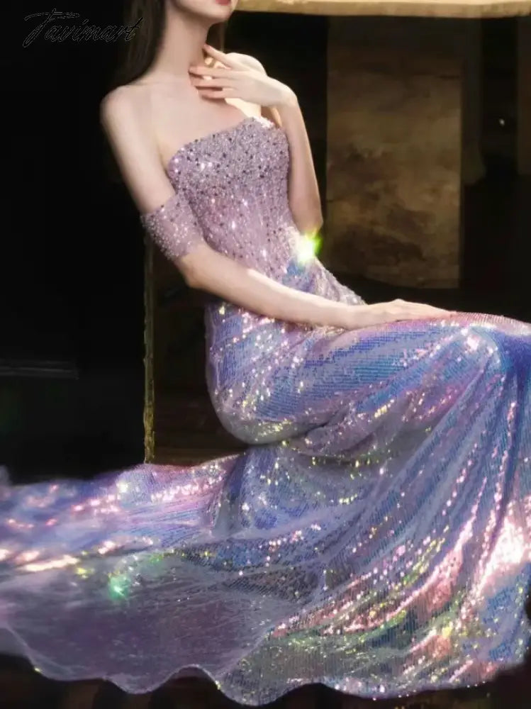 Purple Shiny Prom Dresses Strapless Off Shoulder Beading Sequin Mermaid Floor Length Annual Meeting Host Formal Evening Gowns