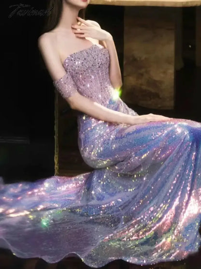 Purple Shiny Prom Dresses Strapless Off Shoulder Beading Sequin Mermaid Floor Length Annual Meeting Host Formal Evening Gowns
