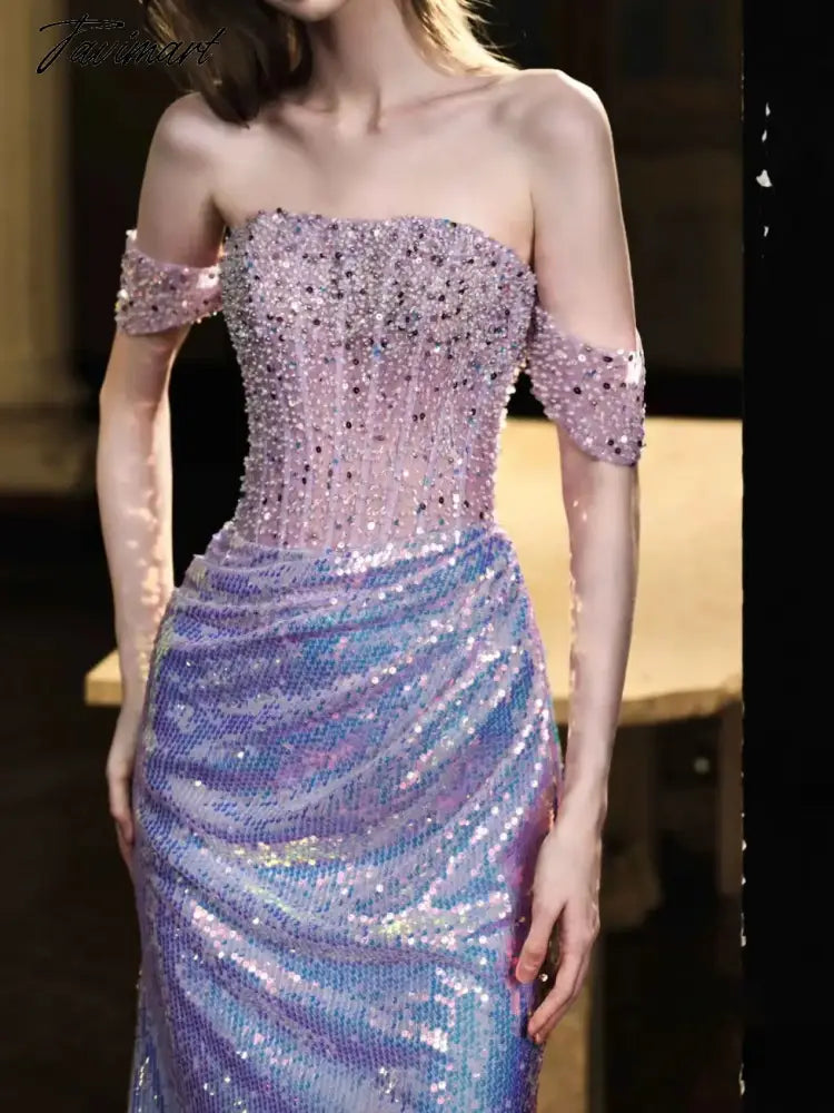 Purple Shiny Prom Dresses Strapless Off Shoulder Beading Sequin Mermaid Floor Length Annual Meeting Host Formal Evening Gowns
