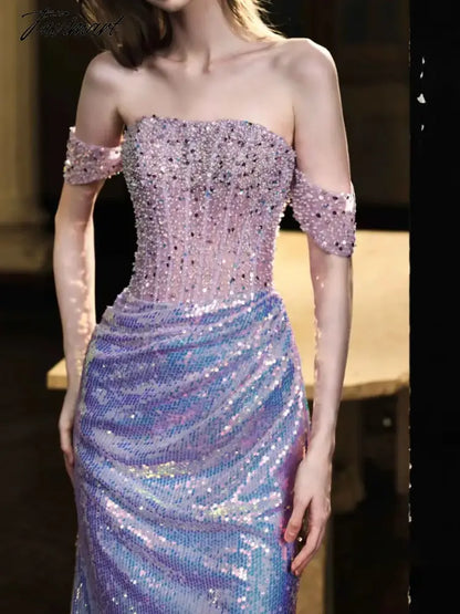 Purple Shiny Prom Dresses Strapless Off Shoulder Beading Sequin Mermaid Floor Length Annual Meeting Host Formal Evening Gowns