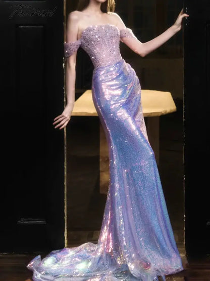 Purple Shiny Prom Dresses Strapless Off Shoulder Beading Sequin Mermaid Floor Length Annual Meeting Host Formal Evening Gowns