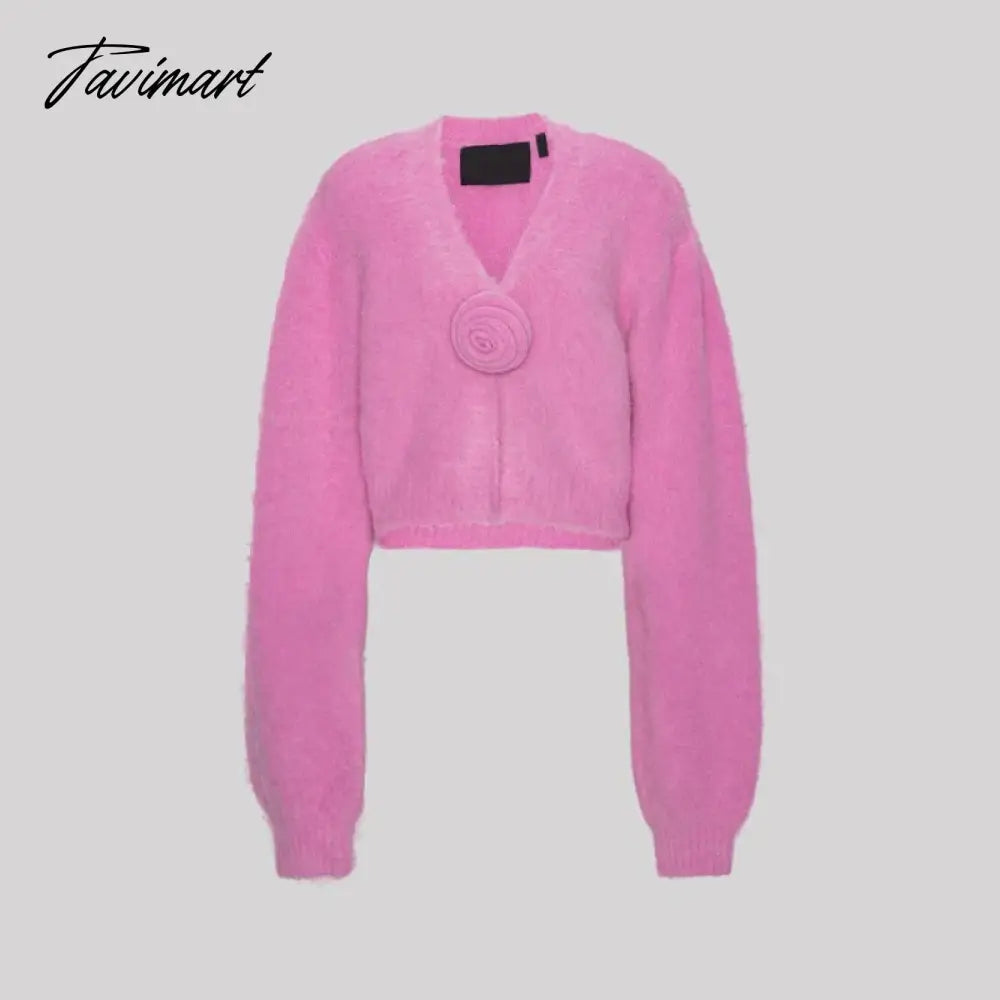 Purple Solid V Neck 3d Flower Knit Cardigan Fo Women Chic Casual Long Sleeve Cropped Jumper Sweater 2024 Spring Street Knitwear