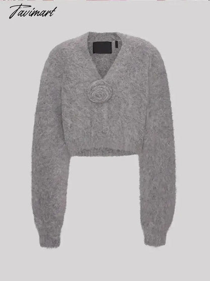 Purple Solid V Neck 3d Flower Knit Cardigan Fo Women Chic Casual Long Sleeve Cropped Jumper Sweater 2024 Spring Street Knitwear