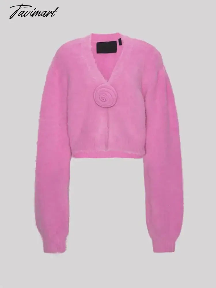 Purple Solid V Neck 3d Flower Knit Cardigan Fo Women Chic Casual Long Sleeve Cropped Jumper Sweater 2024 Spring Street Knitwear
