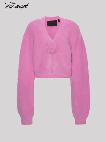 Purple Solid V Neck 3d Flower Knit Cardigan Fo Women Chic Casual Long Sleeve Cropped Jumper Sweater 2024 Spring Street Knitwear