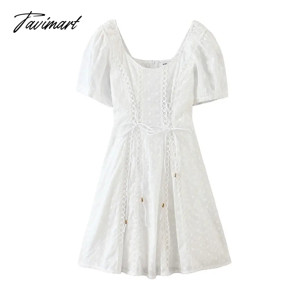 Queens Woman White Sexy Off Shoulder Lace Cotton Patch Mini Dress Ladies Short Sleeve Lace-up Vestidos
