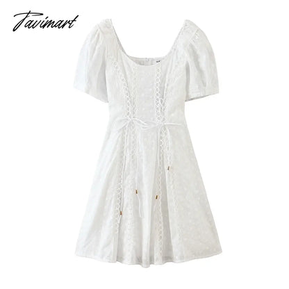 Queens Woman White Sexy Off Shoulder Lace Cotton Patch Mini Dress Ladies Short Sleeve Lace-up Vestidos