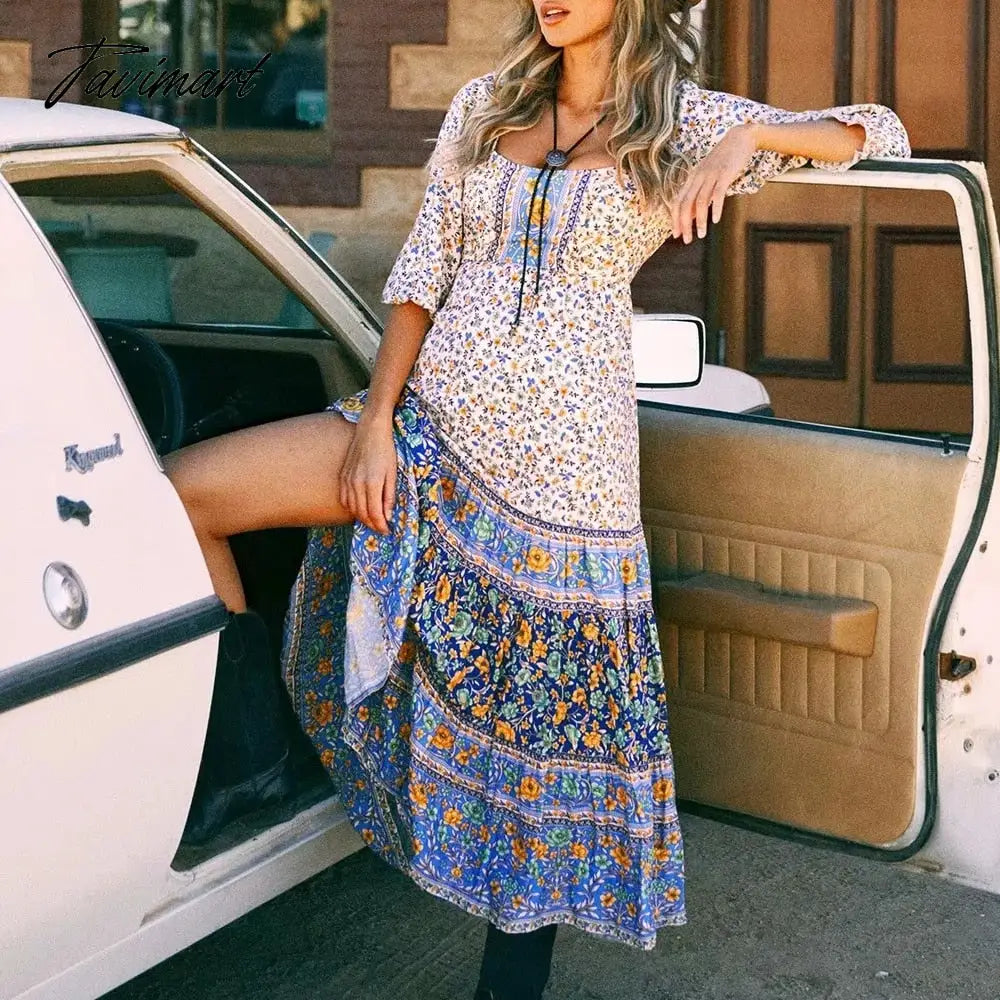 Queens Women Floral Print Long Sleeve Beach Loose Sashes Fold Bohemian Maxi Dress Ladies O-neck Boho Sundress Vestidos