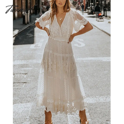 Queens Women Solid Short Sleeve Beach Sexy Lace Bohemian Maxi Dress Ladies V-neck Boho Sundress Vestidos