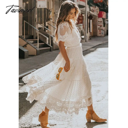 Queens Women Solid Short Sleeve Beach Sexy Lace Bohemian Maxi Dress Ladies V-neck Boho Sundress Vestidos