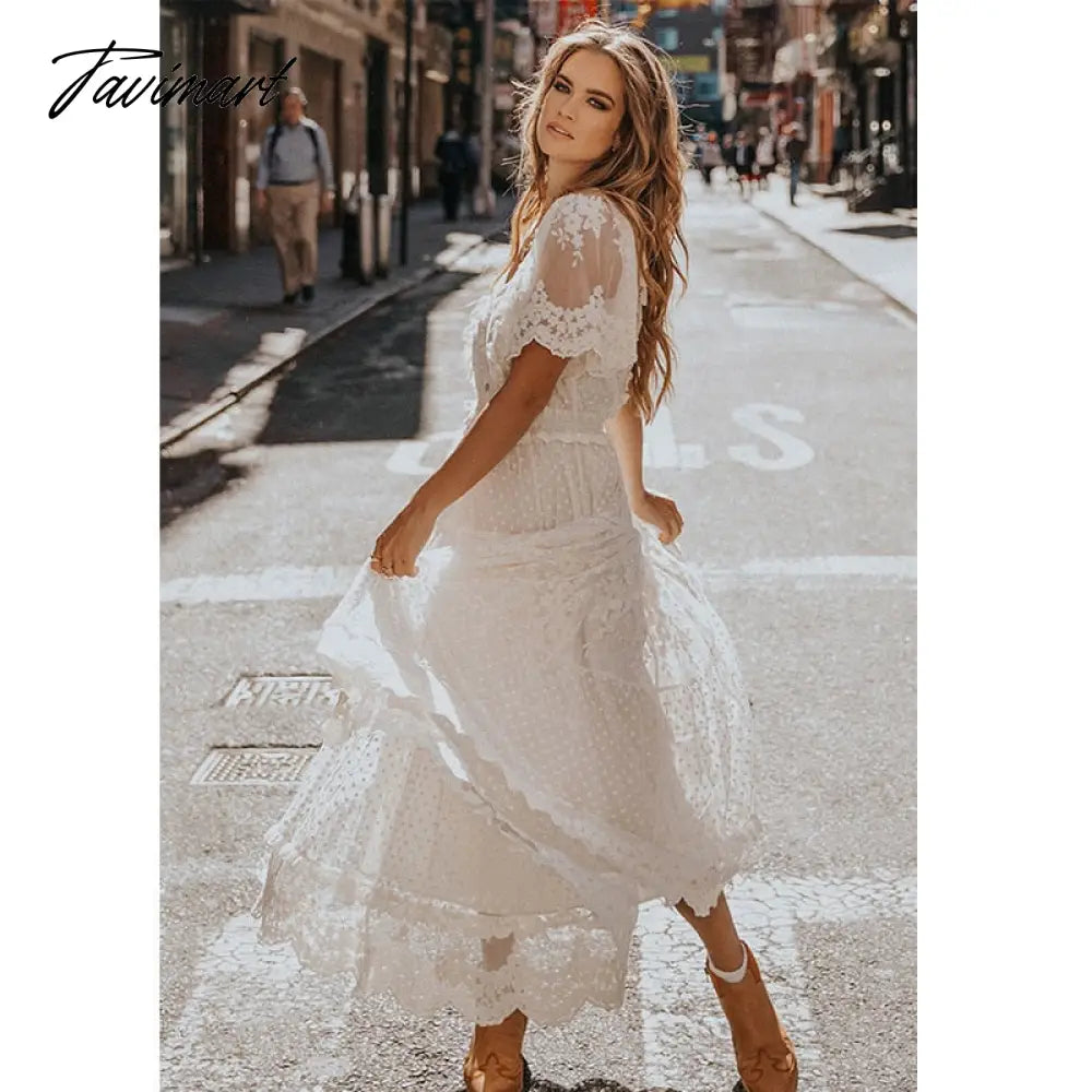 Queens Women Solid Short Sleeve Beach Sexy Lace Bohemian Maxi Dress Ladies V-neck Boho Sundress Vestidos