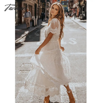 Queens Women Solid Short Sleeve Beach Sexy Lace Bohemian Maxi Dress Ladies V-neck Boho Sundress Vestidos