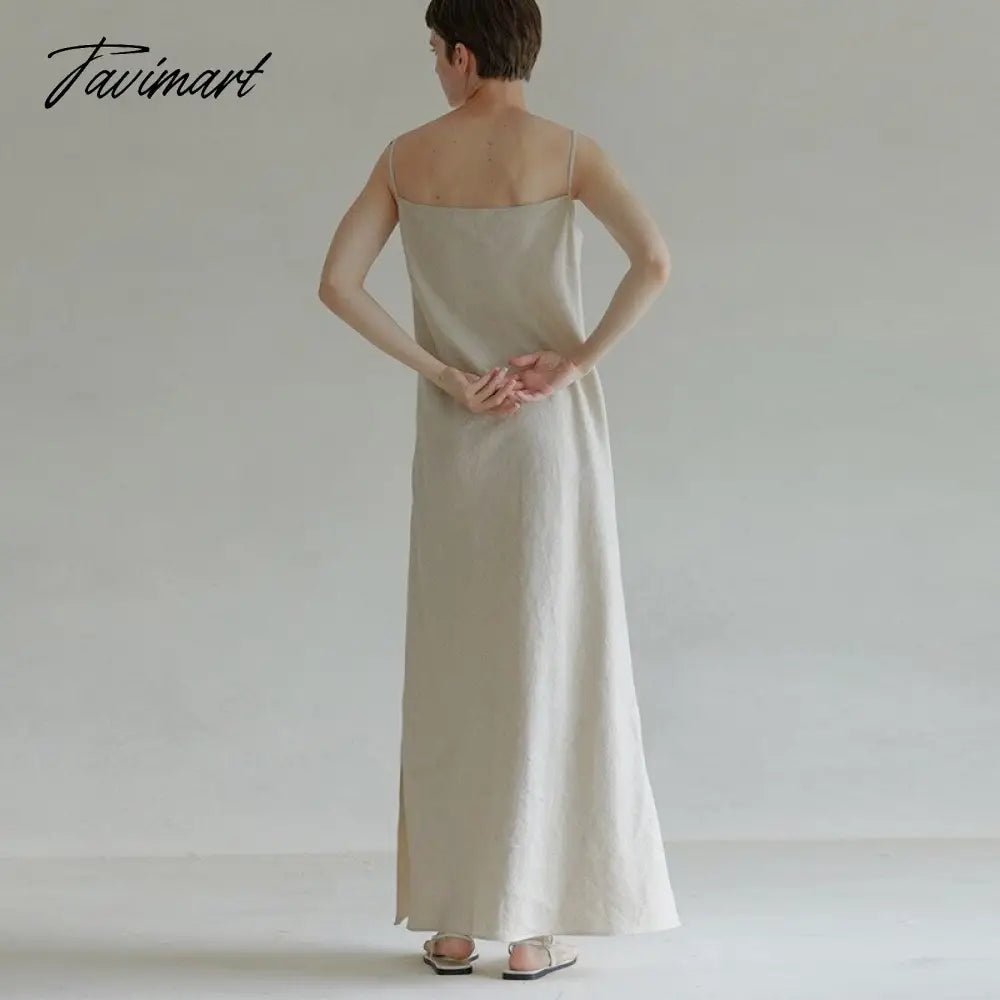 Retro 100% Linen Women Dresses Summer Sexy Spaghetti Strap Sleeveless Open Side Harajuku Long Maxi Party Club Dress