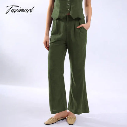 Retro Linen Women'S Suits Women Blue Sleeveless Button Up Vest Tops + Wide Leg Pants Sets 2 Pieces Outfits Ensemble Femme