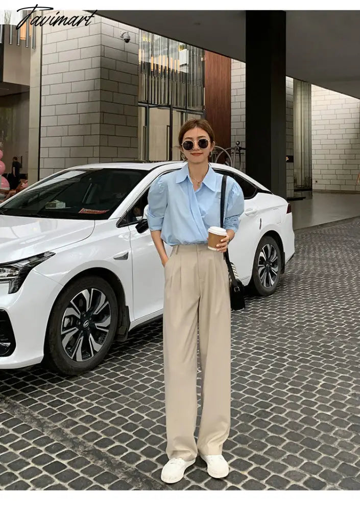 Retro Straight Wide Leg Brown Pants Vintage Female Korean High Waist Casual Long Navy Blue Pants White Beige Trousers