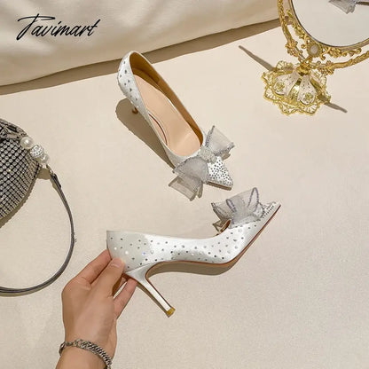 Rhinestone Bow Tip Genuine Leather Crystal Transparent High Heels Single Shoe Women's Summer Slim Heels French Style