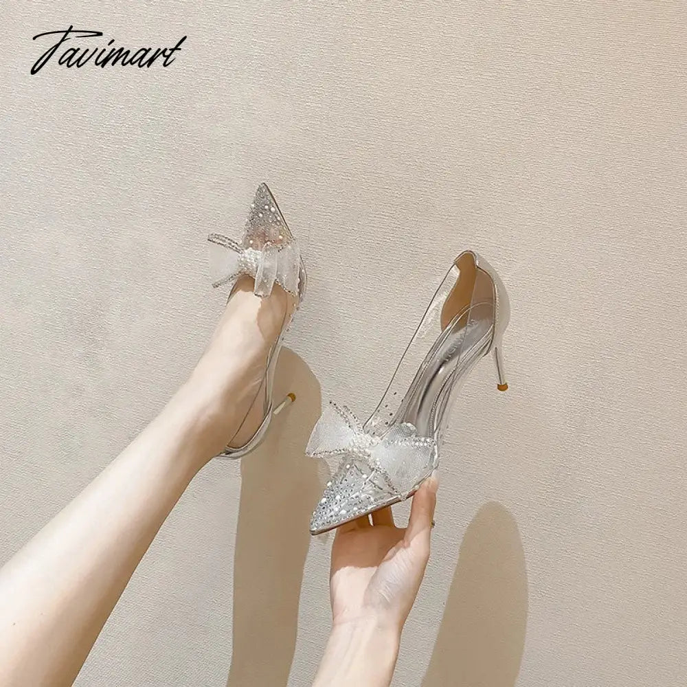 Rhinestone Bow Tip Genuine Leather Crystal Transparent High Heels Single Shoe Women's Summer Slim Heels French Style