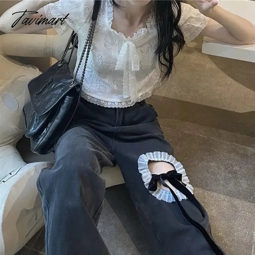 Ripped jeans women's high waist wide leg pants summer new design sense bow Spice girl straight casual floor moping pants