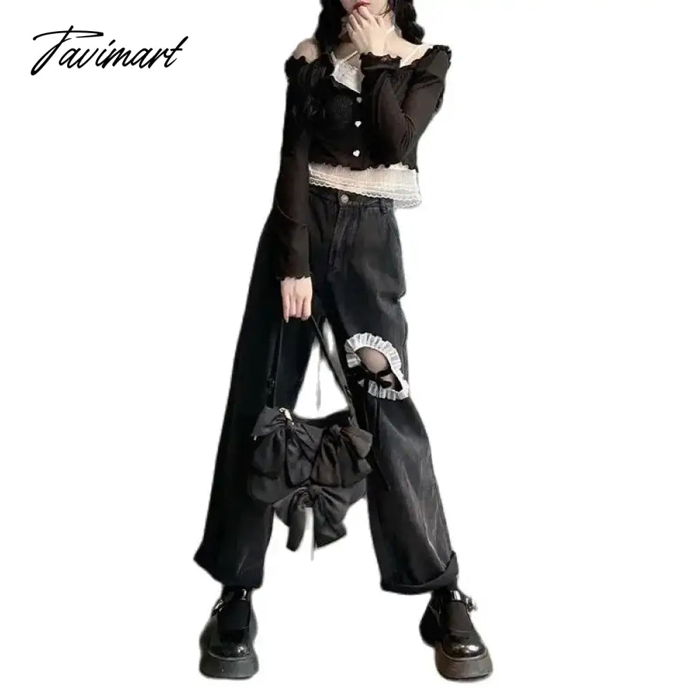 Ripped jeans women's high waist wide leg pants summer new design sense bow Spice girl straight casual floor moping pants