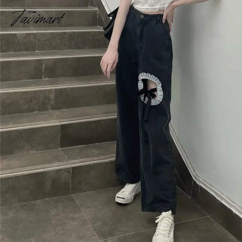 Ripped jeans women's high waist wide leg pants summer new design sense bow Spice girl straight casual floor moping pants