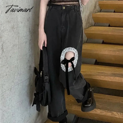 Ripped jeans women's high waist wide leg pants summer new design sense bow Spice girl straight casual floor moping pants