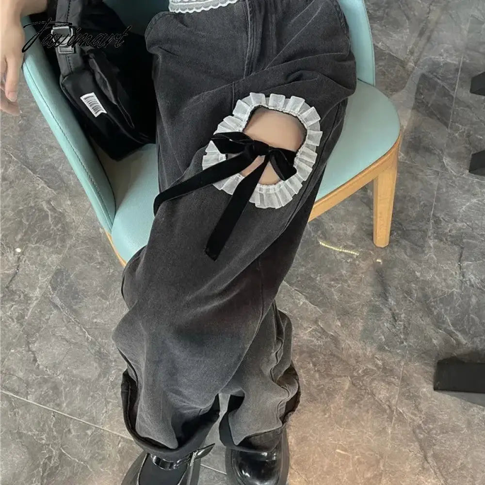 Ripped jeans women's high waist wide leg pants summer new design sense bow Spice girl straight casual floor moping pants