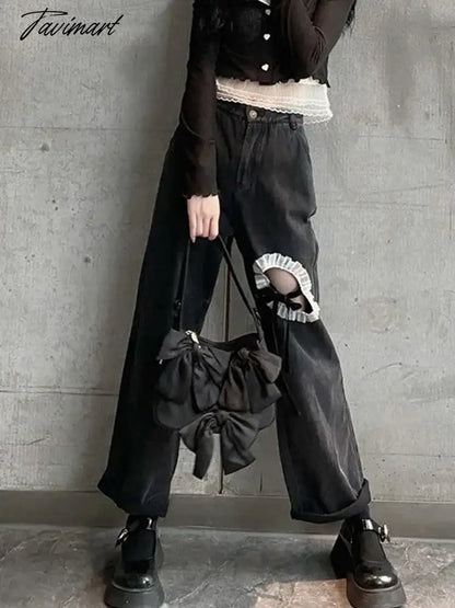 Ripped jeans women's high waist wide leg pants summer new design sense bow Spice girl straight casual floor moping pants