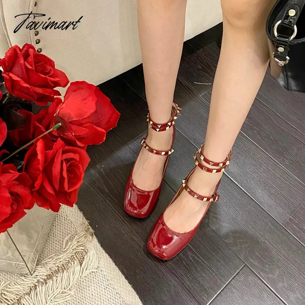 Riveted thick heeled small leather shoes for women's retro burgundy medium heeled square toe shallow cut Mary Jane single shoes