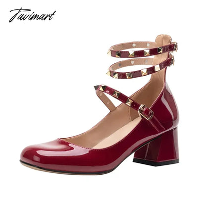 Riveted thick heeled small leather shoes for women's retro burgundy medium heeled square toe shallow cut Mary Jane single shoes