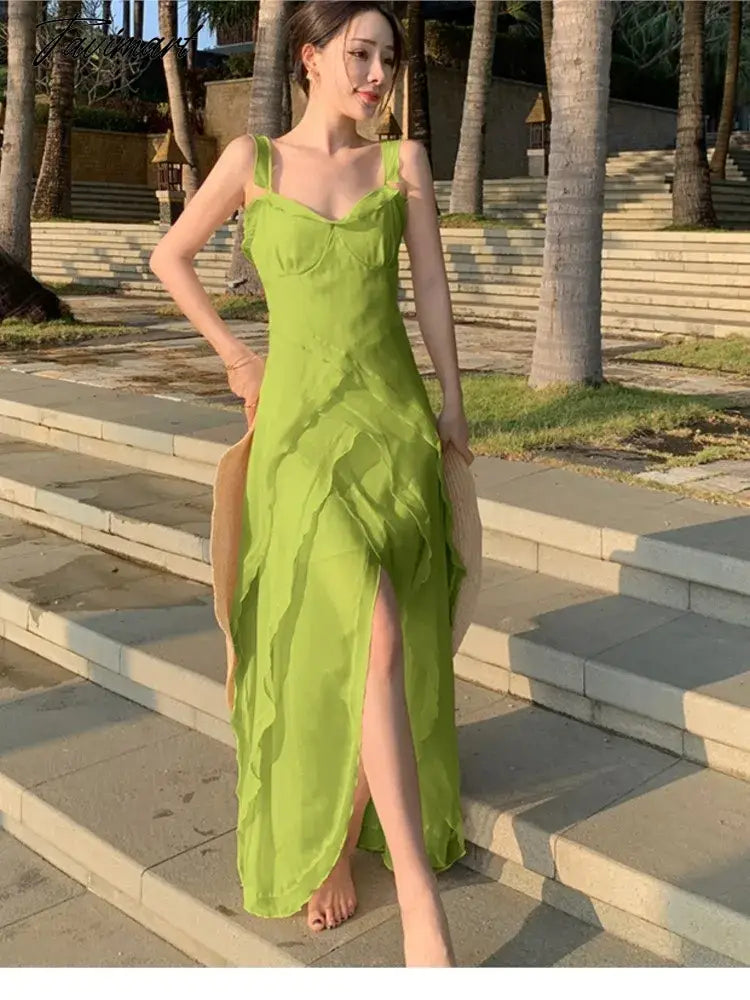 Robe Sling Party Ruffle Holiday Dresses Vintage Women Spaghetti Strap Beach Long Dress Summer Slit Evening Boho Vestidos